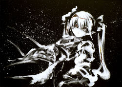  1girl black_background greyscale hair_ribbon himekaidou_hatate ikeda_ruriko looking_at_viewer lying monochrome on_back painting_(medium) ribbon solo touhou traditional_media twintails 