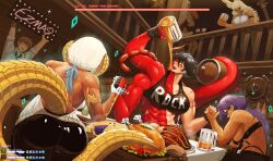  abs absurdres arm_wrestling ass au_ra breasts buttslayer dark-skinned_female dark_skin drink ezma final_fantasy final_fantasy_xiv food highres huge_ass midriff multiple_girls muscular muscular_female original restaurant sweat white_hair 