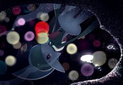  1other ariumu arm_blade arms_at_sides black_sky colored_skin commentary concrete dappled_moonlight gallade green_hair hair_between_eyes lamppost light_particles looking_at_reflection looking_down mohawk moonlight multicolored_skin night night_sky outdoors pokemon pokemon_(creature) pokemon_focus puddle red_eyes reflection reflective_water sky solo two-tone_skin watermark weapon wide_hips 