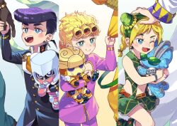 1girl 5boys aged_down anchor_ornament battle_tendency blonde_hair blue_eyes blue_pants blue_skin braid braided_ponytail brown_gloves bun_with_braided_base character_doll coat colored_skin commentary_request crazy_diamond diamond_wa_kudakenai dio_brando doll double_bun father_and_daughter father_and_son gakuran giorno_giovanna gloves gold_experience green-tinted_eyewear green_eyes green_hair green_scarf green_skirt green_tank_top hair_bun higashikata_josuke high_collar highres hugging_doll hugging_object jacket jojo_no_kimyou_na_bouken joseph_joestar joseph_joestar_(young) kujo_jolyne kujo_jotaro ladybug_ornament multicolored_hair multiple_boys open_mouth pants peace_symbol pink_jacket pink_pants pink_skin pompadour purple_hair scarf school_uniform shirt skirt sky stand_(jojo) stardust_crusaders stone_free stone_ocean tank_top teeth time_paradox tinted_eyewear triangular_headpiece two-tone_hair upper_teeth_only uppi vento_aureo white_coat wing_ornament yellow_jacket yellow_pants yellow_shirt yellow_sky 