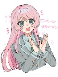  1girl :d bang_dream! bang_dream!_it&#039;s_mygo!!!!! blazer blush chihaya_anon collared_shirt commentary cropped_torso diagonal-striped_clothes diagonal-striped_necktie dot_nose dotted_background dress_shirt fang green_necktie grey_eyes grey_jacket grey_shirt hands_up haneoka_school_uniform heart highres jacket lapels long_hair long_sleeves looking_at_viewer micaaaa necktie notched_lapels notice_lines pink_hair school_uniform shirt side_part simple_background smile solo straight_hair striped_clothes togawa_group_(bang_dream!) translation_request w_arms white_background winter_uniform 