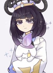  1girl absurdres black_hair blue_gloves blunt_bangs bob_cut closed_mouth coat eyelashes gloves gradient_hair gwynn_(pokemon) hat heart highres holding holding_pokemon litwick long_sleeves looking_at_viewer multicolored_hair partially_fingerless_gloves pokemon pokemon_(creature) pokemon_legends:_z-a purple_hair short_hair suzu_(pixiv_32232702) upper_body violet_eyes white_coat white_hat 