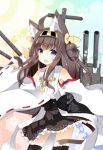  1girl ahoge animal_ears blush brown_hair cat_ears cat_tail detached_sleeves hairband japanese_clothes kantai_collection kemonomimi_mode kongou_(kantai_collection) kurata_yumi long_hair looking_at_viewer personification skirt smile solo tail thighhighs wide_sleeves 