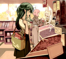  5girls animal_ears apron artist_name bag black_hair black_skirt blonde_hair blue_eyes braid brown_apron brown_jacket cat_ears cat_girl cat_tail clip_studio_paint_(medium) coffee_beans commentary_request dark_skin eudetenis half_up_half_down_braid highres indoors jacket long_hair long_skirt long_sleeves looking_at_food multiple_girls open_mouth original pink_hair pointy_ears shirt shop shopping short_hair short_sleeves shoulder_bag sign skirt slice_of_life sparkle standing tail warm_colored white_shirt yellow_shirt 