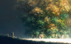  abandoned chair commentary_request day fence field forest heriki_(trkj) highres nature no_humans original outdoors scenery sunlight tree wooden_fence 