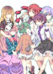  6+girls ^_^ animal_ears brown_hair closed_eyes drumsticks flower green_eyes hair_flower hair_ornament hata_no_kokoro highres hijiri_byakuren holding_hands horikawa_raiko kasodani_kyouko long_hair mask multiple_girls necktie pink_eyes pink_hair plaid plaid_shirt purple_hair red_eyes redhead shaded_face short_hair skirt smile tail takitarou touhou tsukumo_benben tsukumo_yatsuhashi violet_eyes 