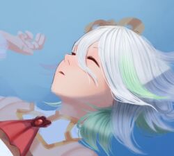  1girl a_baker_i_am ascot cecilia_immergreen cecilia_immergreen_(1st_costume) closed_eyes detached_collar doll_joints gradient_hair green_hair hair_between_eyes hololive hololive_english joints lying multicolored_hair on_back red_ascot solo virtual_youtuber white_hair winding_key 