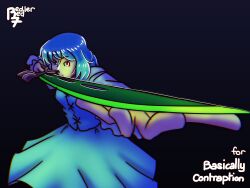  1girl black_background blue_eyes blue_hair blue_shirt blue_skirt commentary commission commissioner_name cowboy_shot english_commentary frilled_sleeves frills glowing glowing_sword glowing_weapon green_light green_sword heterochromia highres holding holding_sword holding_weapon in_shadow inspecting long_sleeves medium_hair outstretched_arm red_eyes redlerred7 shirt signature simple_background skirt solo sword tatara_kogasa terraria touhou weapon 