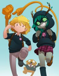  1boy 1girl adventure_time alternate_universe antlers backpack bag black_hoodie black_shoes black_sweater bleedman blonde_hair colored_sclera colored_skin commentary english_commentary extendable_limbs finn_the_human flying_sweatdrops green_eyes green_hair green_sclera grey_skin grin highres hood hooded_sweater hoodie horns huntress_wizard jake_the_dog miniskirt necktie orange_shoes plaid_clothes plaid_skirt pointing purple_necktie purple_skirt school_uniform shoes skirt smile sweater watch watch 