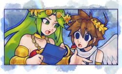  1boy 1girl ahoge angel angel_wings brown_hair chain derivative_work drop_shadow gold_chain green_eyes green_hair handheld_game_console highres holding holding_handheld_game_console kid_icarus kid_icarus_uprising kid_icarus_uprising_tutorial_redraw_(meme) laurel_crown meme nintendo_3ds open_mouth palutena pit_(kid_icarus) santurn scarf upper_body watermark white_scarf wings 