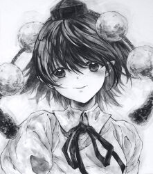  black_hair collared_shirt greyscale hat ikeda_ruriko looking_at_viewer monochrome pom_pom_(clothes) shameimaru_aya shirt short_hair straight-on tokin_hat touhou white_background 