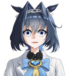  1girl absurdres agnes_tachyon_(umamusume) agnes_tachyon_(umamusume)_(cosplay) alternate_costume animal_ears aquaticlettuce blue_eyes blue_hair bow chain cosplay crazy_eyes crazy_smile gradient_hair hair_between_eyes hair_intakes hair_ornament heart highres hololive hololive_english horse_ears horse_girl kemonomimi_mode lab_coat multicolored_hair open_mouth ouro_kronii simple_background smile solo umamusume umamusume:_beginning_of_a_new_era virtual_youtuber 