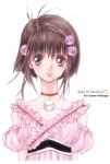  1girl blush brown_eyes brown_hair choker copyright_name frills inomata_mutsumi light_smile lipstick makeup official_art reala short_hair solo tales_of_(series) tales_of_destiny_2 white_background 