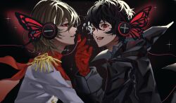  2boys adumi231 akechi_gorou amamiya_ren black_coat black_gloves black_hair brown_hair butterfly_wings coat crow_(persona_5) epaulettes gloves hair_between_eyes headphones highres insect_wings jacket joker_(persona_5) long_sleeves magnet_(vocaloid) multiple_boys persona persona_5 red_eyes red_scarf scarf short_hair simple_background smile sparkle string string_of_fate suit wings 