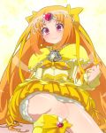  1girl boots bow brooch bubble_skirt choker circlet cure_muse_(yellow) dress frills hair_ribbon heart highres jewelry knee_boots long_hair magical_girl maokyu orange_hair precure ribbon shirabe_ako sitting smile solo suite_precure yellow_dress 