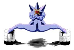 1other biceps colored_skin crossed_arms gem grappler_baki highres looking_at_viewer mega_evolution mega_starmie muscular parody pokemon pokemon_(creature) pokemon_legends:_z-a purple_skin red_gemstone scene_reference simple_background split spread_legs starmie the_epic_split white_background yasu_korejo