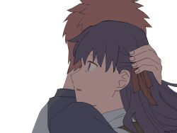  1boy 1girl brown_hair commentary_request emiya_shirou fate/stay_night fate_(series) hair_ribbon heaven&#039;s_feel highres homurabara_academy_school_uniform hug matou_sakura modoru_5 purple_hair raglan_sleeves ribbon school_uniform tearing_up violet_eyes 