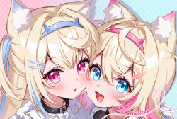  2girls animal_ear_fluff animal_ears black_choker blonde_hair blue_eyes blue_hair blush cheek-to-cheek choker dog_ears dog_girl fake_horns frilled_shirt_collar frills fuwawa_abyssgard fuwawa_abyssgard_(1st_costume) hair_between_eyes hair_ornament hairband heads_together hololive hololive_english horn_hairband horns long_hair looking_at_viewer mococo_abyssgard mococo_abyssgard_(1st_costume) moorina multicolored_hair multiple_girls open_mouth pink_eyes pink_hair siblings sisters smile twins x_hair_ornament 