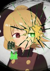  2girls absurdres black_bow black_shirt blonde_hair bow brown_eyes buttons chibeany closed_mouth commentary_request cover cover_page doujin_cover flower-shaped_pupils green_eyes hair_bow hair_bun highres kurodani_yamame long_sleeves mizuhashi_parsee multiple_girls pointy_ears revealing_layer shirt short_hair single_hair_bun symbol-shaped_pupils touhou translation_request upper_body 