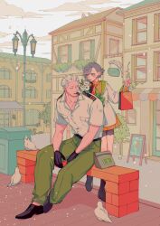  1boy 1girl absurdres antenna_hair asymmetrical_bangs awning bag belt between_legs bird black_belt black_boots black_gloves black_shoes black_shorts blush boots bouquet breast_pocket breasts brick_bench building buttons chain_smoking chalkboard_sign cigar clouds collarbone commentary_request couple dating day dove falling_petals flower gloves green_pants grey_hair hand_between_legs hetero highres holding holding_bag holding_bouquet jacket kabane_(rjev8385) lamppost long_sleeves looking_at_another medium_breasts mouth_hold no_socks oc_x_canon on_bench one_piece open_mouth open_window_shutter original outdoors pants paper_bag partially_unbuttoned petals pocket ponytail shirt shoes shopping shopping_bag short_ponytail short_sleeves shorts shoulder_boards sitting smoker_(one_piece) smoking standing standing_on_one_leg storefront swept_bangs trash_can white_bird white_flower white_jacket white_shirt window window_shutter wooden_deck yellow_shirt 