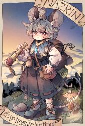  1girl animal_ears black_dress black_shoes blush character_name dress grey_hair highres long_sleeves mame_komari mouse_(animal) mouse_ears nazrin red_eyes shoes short_hair socks solo spyglass standing touhou white_socks 
