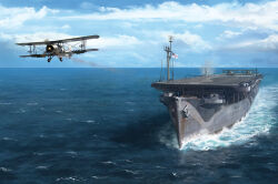  aircraft aircraft_carrier airplane biplane blue_sky clouds cloudy_sky day edouard_groult fairey_swordfish fish highres mast military_vehicle no_humans ocean original painterly propeller_fighter royal_navy scenery ship sky vehicle_focus warship watercraft waves world_war_ii 
