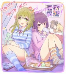  3girls :d absurdres anniversary blue_socks blue_sweater blush book breasts brown_hair closed_eyes commentary_request copyright_name countdown cup curtains dot_nose drinking drinking_glass english_text food green_eyes green_hair high_ponytail highres hiyo_(project_tokyo_dolls) holding holding_cup hood hooded_sweater hugging_object indoors knees_up long_hair loungewear macaron medium_breasts mixed-language_text mug multiple_girls nanami_(project_tokyo_dolls) night official_art on_bed open_book open_mouth pillow pillow_hug pink_sweater plate pocky ponytail project_tokyo_dolls purple_hair purple_shorts second-party_source shiori_(project_tokyo_dolls) short_hair shorts sitting sleeping smile socks strawberry_pocky striped_clothes striped_socks striped_sweater sweater translated tray violet_eyes white_socks window yellow_shorts zzz 