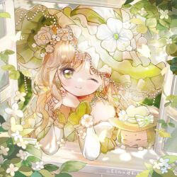  1girl animal artist_name baonu_de_zhanshen_caibutou bare_shoulders bead_necklace beads bow bowler_hat bowtie brown_hair cat chinese_commentary cloak closed_eyes clothed_animal collarbone commentary_request dappled_sunlight dress earrings eyelashes flower flower_earrings frilled_headwear frilled_sleeves frills green_bow green_bowtie green_cloak green_dress green_eyes green_flower green_hat green_theme hair_bow hair_flower hair_ornament happy hat hat_bow hat_flower infinity_nikki interlocked_fingers jewelry layered_sleeves light_particles long_hair long_sleeves low_twintails making-of_available momo_(nikki) necklace nikki_(series) official_alternate_costume one_eye_closed open_window own_hands_together rainfall_&amp;_blossoms_(infinity_nikki) rose short_over_long_sleeves short_sleeves sidelocks single_stripe solo striped_bow striped_bowtie striped_clothes sunlight sunset tareme twintails two-tone_bow upper_body very_long_hair wavy_hair white_bow white_cat white_flower window witch witch_hat yellow_flower yellow_rose 