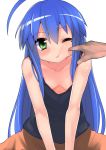  1girl ahoge azuse_neko blue_hair casual down_blouse green_eyes izumi_konata long_hair lucky_star poking wink 