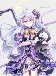  1girl alternate_costume azusa_(blue_archive) blue_archive bow closed_mouth cropped crossed_bangs detached_sleeves dress dress_bow feathered_wings floating_hair grey_background guzangnanfeng hair_between_eyes hair_ornament halo highres long_hair long_sleeves looking_at_viewer low_wings purple_bow purple_dress simple_background solo very_long_hair white_wings wide_sleeves wings wristband 