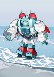  1girl blue_eyes decepticon eyelashes highres humanoid_robot insignia jetpack nickel_(transformers) robot robot_girl snowii_arts the_transformers_(idw) transformers water wheeled_leg(s) 