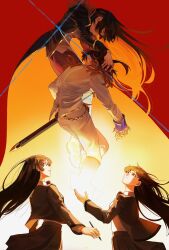  4girls absurdres aijou_karen amemiya_shion artist_name black_hair black_jacket book boots bow bowtie brown_eyes brown_hair chain closed_eyes commentary covered_eyes english_commentary epaulettes facing_away fingernails floating_hair gradient_background grey_jacket grey_skirt grin hair_ornament hair_over_eyes hairclip hand_on_another's_head hand_up highres holding holding_book holding_pen jacket juliet_sleeves kagura_hikari knee_boots ling_(chaaaaanhikari) long_hair long_sleeves looking_at_another looking_up masai_kiriko multiple_girls official_alternate_costume open_book open_clothes open_jacket orange_background pants parted_lips pen pleated_skirt profile puffy_sleeves red_background red_bow red_bowtie scabbard school_uniform seishou_music_academy_uniform sheath sheathed shirt shirt_tucked_in short_hair shoujo_kageki_revue_starlight signature skirt smile standing sword very_long_hair weapon white_background white_jacket white_pants white_shirt 