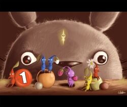  black_border black_eyes blue_pikmin border brown_background bud closed_mouth colored_skin commentary_request creature creature_focus crossover english_commentary flower french_commentary ghost holding holding_hands leaf letterboxed liquid_lust mixed-language_commentary no_humans no_mouth pellet_(pikmin) pikmin_(creature) pikmin_(series) pointy_nose purple_hair purple_pikmin purple_skin rabbit red_pikmin red_skin shadow short_hair signature sitting smile table tonari_no_totoro totoro very_short_hair white_flower yellow_pikmin 