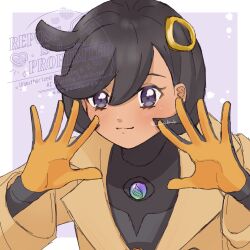  1girl abemakitime black_bodysuit black_hair bodysuit closed_mouth collared_jacket commentary_request emma_(pokemon) gloves grey_background hands_up highres jacket light_blush long_sleeves pokemon pokemon_legends:_z-a ring_hair_ornament short_hair smile solo spread_fingers twitter_username watermark yellow_jacket 