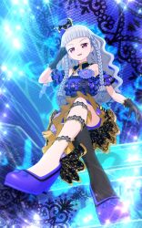  black_gloves blunt_bangs bow braid crossed_legs diamond_earrings dress earrings frilled_skirt frills full_body gloves grey_hair hair_bow highres idol idol_clothes idol_time_pripara jewelry koda_michiru legs long_hair looking_at_viewer open_mouth otudane pantyhose pretty_series pripara purple_dress purple_shoes red_eyes ringlets shoes single_bare_leg sitting skirt sparkle sparkling_aura twin_braids very_long_hair wavy_hair 