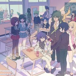  2023 6+boys 6+girls ahoge akamatsu_kaede amami_rantaro android antenna_hair armor beanie black_gloves black_hair black_jacket black_mask blonde_hair blue_eyes blue_hair blunt_bangs blush bottle bow bowtie brown_hair brown_jacket brown_pants brown_suit buttons chabashira_tenko chair chalkboard checkered_clothes checkered_scarf choker classroom collarbone collared_jacket collared_shirt commentary_request covered_mouth danganronpa_(series) danganronpa_v3:_killing_harmony dated desk dress everyone facial_hair fake_horns flipped_hair gakuran gem_hair_ornament glasses gloves goatee goggles goggles_on_head gokuhara_gonta green_eyes green_hair grey_hair hair_between_eyes hair_ornament hair_over_one_eye hair_ribbon hair_scrunchie hairband happy happy_birthday harukawa_maki hat highres holding horned_hat horned_headwear horns hoshi_ryoma indoors iruma_miu jacket jewelry k1-b0 layered_skirt long_hair long_sleeves low_twintails mask momota_kaito mouth_mask multiple_boys multiple_girls musical_note musical_note_hair_ornament musical_note_print necklace necktie oma_kokichi on_chair open_clothes open_mouth pants pantyhose pink_hairband pink_serafuku pink_shirt pink_sweater_vest pink_vest pinstripe_jacket pinstripe_pants pinstripe_pattern pleated_skirt pointy_boots power_armor print_shirt purple_hair raincoat red_eyes red_hair red_scrunchie red_shirt red_skirt ribbon round_eyewear saihara_shuichi sailor_collar scarf school_desk school_uniform scrunchie serafuku shinguji_korekiyo shirogane_tsumugi shirt short_hair short_male sitting skirt smile soda_bottle spiky_hair standing striped_clothes striped_jacket striped_shirt suit sunlight sweater_vest tojo_kirumi twintails two-tone_scarf vest violet_eyes white_bow white_bowtie white_hair white_shirt xiao_(grsnss25) yellow_raincoat yonaga_angie yumeno_himiko 