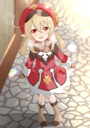  absurdres bag boots brick_floor brick_wall dress feathers genshin_impact hat hat_feather heavy_breathing highres klee_(genshin_impact) knee_boots long_hair open_mouth pointy_ears red_dress red_eyes red_hat smile solo standing stone_floor stone_wall twintails wataru_(nextlevel) white_feathers 