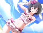  1girl animal_ears armpits bangle bikini black_hair blue_sky blush bracelet bwell carrot dutch_angle fisheye frilled_bikini frills hair_ornament inaba_tewi jewelry looking_at_viewer navel necklace open_mouth pendant rabbit_ears red_eyes seaside short_hair sky solo swimsuit touhou wet 