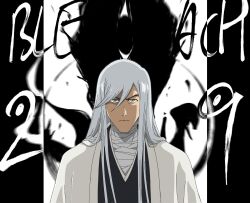  1boy anime_coloring backlighting bandaged_chest bandaged_neck bandages bleach bleach:_sennen_kessen-hen closed_mouth commentary_request copyright_name corrupted_twitter_file episode_number eyebrows_hidden_by_hair green_eyes hair_between_eyes hair_over_shoulder haori highres japanese_clothes long_hair looking_at_viewer male_focus mimihagi motion_blur official_artist_extra official_style serious sha11021997 simple_background solo straight-on straight_hair taichou_haori ukitake_juushirou upper_body v-shaped_eyebrows very_long_hair white_background 