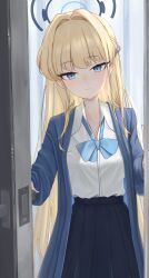  1girl absurdres black_skirt blonde_hair blue_archive blue_bow blue_bowtie blue_eyes blue_halo blush bow bowtie braid cardigan closed_mouth collared_shirt commentary cowboy_shot dress_shirt film_grain grey_cardigan hair_intakes half_up_braid halo highres indoors long_hair looking_at_viewer official_alternate_costume official_alternate_hairstyle open_cardigan open_clothes opening_door pleated_skirt shirt sidelighting sidelocks skirt smile solo straight_hair toki_(blue_archive) toki_(school_uniform)_(blue_archive) tsurime ubeuna very_long_hair white_shirt 