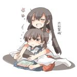  2girls akagi_(kantai_collection) black_eyes blush brown_hair closed_eyes kaga_(kantai_collection) kantai_collection long_hair lowres multiple_girls open_mouth rebecca_(keinelove) short_hair smile 