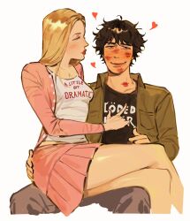  1boy 1girl ahoge assertive_female black_shirt blonde_hair blue_eyes blush breast_pocket breasts brown_eyes brown_hair brown_shirt cardigan choppy_bangs collared_shirt cropped_legs crossed_legs crossover diary_of_a_wimpy_kid english_text finger_to_another&#039;s_chest grey_pants hand_on_another&#039;s_hip heart hetero highres jewelry kunnuscumnus layered_shirt lipstick_mark lipstick_mark_on_face lipstick_mark_on_neck long_hair long_sleeves looking_at_another looking_at_viewer lovestruck loving_aura mean_girls medium_breasts messy_hair midriff_peek miniskirt mole mole_above_mouth mole_on_cheek mole_on_forehead mole_on_neck mole_under_eye mole_under_mouth multiple_moles necklace open_cardigan open_clothes open_shirt pants parted_bangs pink_cardigan pink_skirt pleated_skirt pocket print_shirt puckered_lips red_lips regina_george rodrick_heffley shiny_skin shirt short_hair silver_necklace simple_background sitting sitting_on_lap sitting_on_person skirt smile straight_hair tareme thick_eyebrows too_many_lipstick_marks wavy_hair white_background white_shirt 