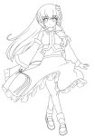  1girl breasts detached_sleeves frog frog_hair_ornament gohei hair_ornament hair_tubes highres kochiya_sanae lineart long_hair looking_at_viewer midriff monochrome shoes skirt smile snake snake_hair_ornament solo t2r touhou wide_sleeves 