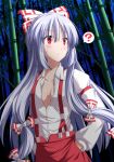  1girl ? bamboo bamboo_forest blush collarbone forest fujiwara_no_mokou hair_ribbon long_hair nature nori_tamago red_eyes ribbon silver_hair solo suspenders sweatdrop touhou very_long_hair 