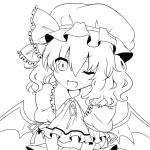  1girl ;d bat_wings bust fang hair_ribbon hat jewelry lineart looking_at_viewer monochrome mushi_baibai open_mouth puffy_sleeves remilia_scarlet ribbon short_hair short_sleeves smile solo touhou wings wink 