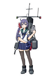  1girl absurdres adapted_turret akebono_(kancolle) artist_logo badge bell blue_neckerchief blue_sailor_collar blue_skirt commentary_request flower full_body grey_thighhighs hair_bell hair_flower hair_ornament highres holding holding_tablet_pc jingle_bell kantai_collection logo long_hair looking_at_viewer machinery mast neckerchief pleated_skirt purple_hair rising_sun_flag rudder_footwear sailor_collar samusara school_uniform searchlight serafuku short_sleeves side_ponytail simple_background skirt smokestack solo sunburst tablet_pc thigh-highs throat_microphone torpedo_launcher violet_eyes white_background 