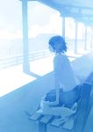  1girl animal bench blue cat clouds namito original shadow shirt shoes silhouette sitting skirt 