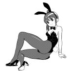  1girl animal_ears ass bowtie bunny_tail bunnysuit detached_collar fishnet_pantyhose fishnets highres kaba_(flusspferd) long_hair monochrome original pantyhose ponytail rabbit_ears tail wrist_cuffs 