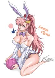  animal_ears bare_legs bare_shoulders bow bowtie breasts gundam gundam_seed hair_ornament haro high_heels highres lacus_clyne large_breasts long_hair mobile_suit_gundam pink_hair playboy_bunny ponytail rabbit_ears rabbit_tail sitting solo tail thick_thighs thighs white_background yshin 