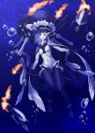  1girl bodysuit breasts bubble cape clothed_navel fire fujimo_ruru gloves glowing glowing_eyes highres kantai_collection options pale_skin parted_lips shinkaisei-kan short_hair silver_hair solo staff underwater wo-class_(kantai_collection) yellow_eyes 